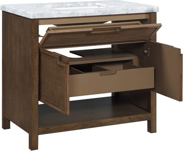 Meridian Furniture Soren Solid Wood Bathroom Vanity with Cane Drawer Fronts and Stone Top for Modern Bathrooms Brown 36 inches 690Brown-36