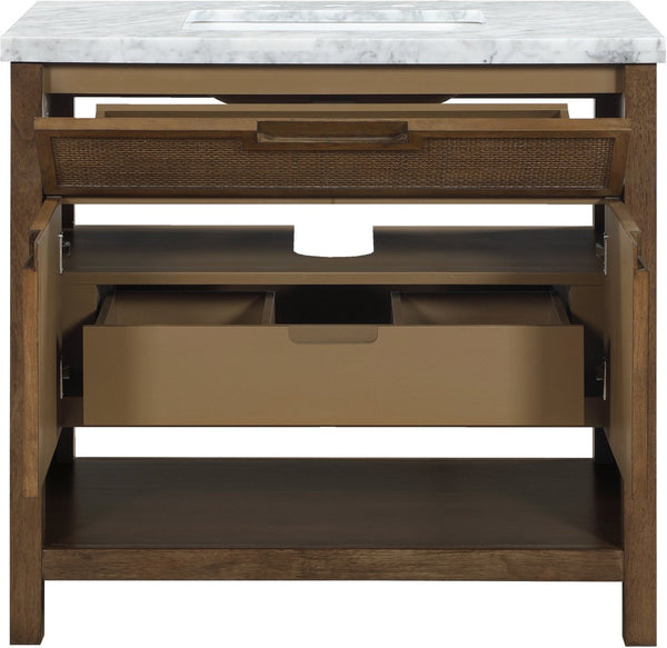 Meridian Furniture Soren Solid Wood Bathroom Vanity with Cane Drawer Fronts and Stone Top for Modern Bathrooms Brown 36 inches 690Brown-36