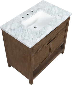 Meridian Furniture Soren Solid Wood Bathroom Vanity with Cane Drawer Fronts and Stone Top for Modern Bathrooms Brown 36 inches 690Brown-36