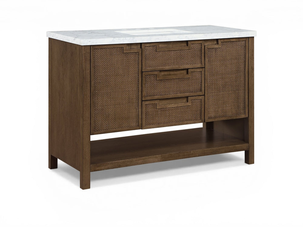 Meridian Furniture Soren Solid Wood Bathroom Vanity with Cane Drawer Fronts and Stone Top for Modern Bathrooms Brown 48 inches 690Brown-48