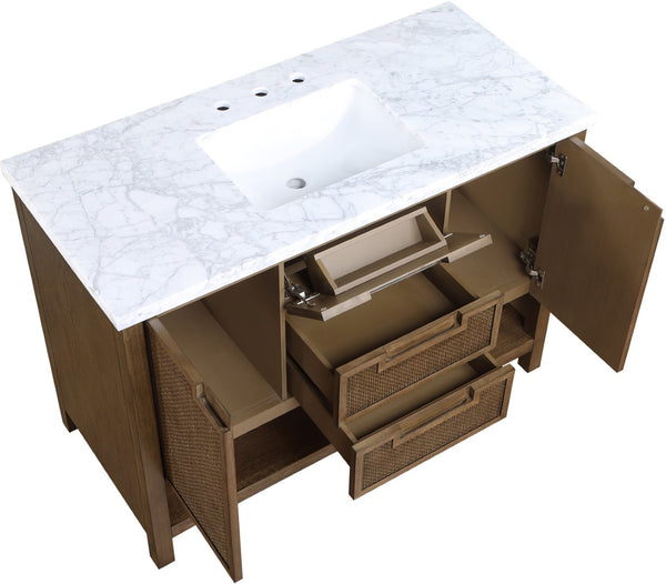 Meridian Furniture Soren Solid Wood Bathroom Vanity with Cane Drawer Fronts and Stone Top for Modern Bathrooms Brown 48 inches 690Brown-48
