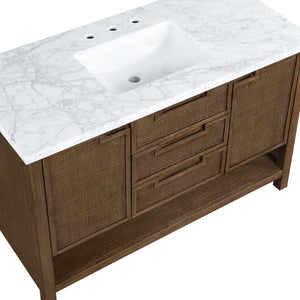 Meridian Furniture Soren Solid Wood Bathroom Vanity with Cane Drawer Fronts and Stone Top for Modern Bathrooms Brown 48 inches 690Brown-48