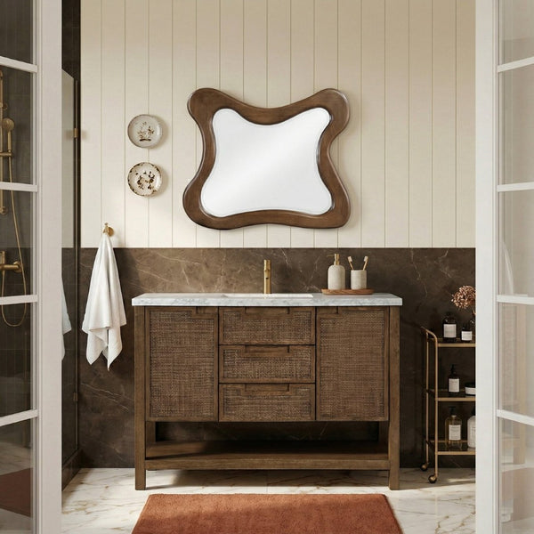 Meridian Furniture Soren Solid Wood Bathroom Vanity with Cane Drawer Fronts and Stone Top for Modern Bathrooms Brown 48 inches 690Brown-48