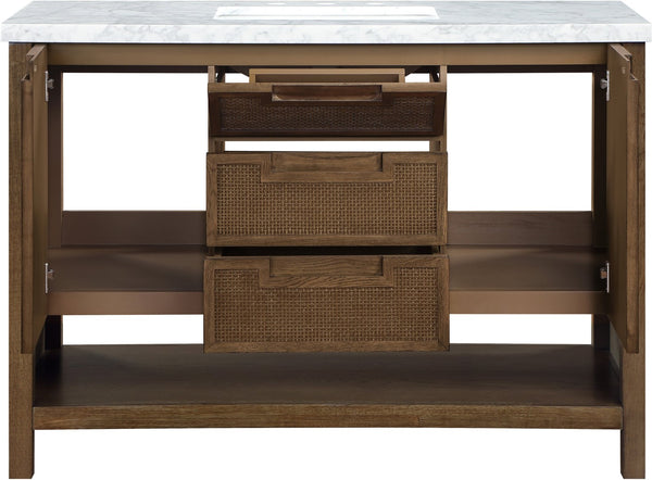 Meridian Furniture Soren Solid Wood Bathroom Vanity with Cane Drawer Fronts and Stone Top for Modern Bathrooms Brown 48 inches 690Brown-48