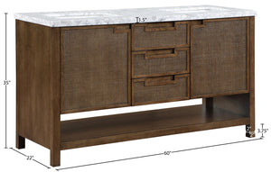 Meridian Furniture Soren Solid Wood Bathroom Vanity with Cane Drawer Fronts and Stone Top for Modern Bathrooms Brown 60 inches 690Brown-60