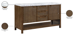 Meridian Furniture Soren Solid Wood Bathroom Vanity with Cane Drawer Fronts and Stone Top for Modern Bathrooms Brown 60 inches 690Brown-60
