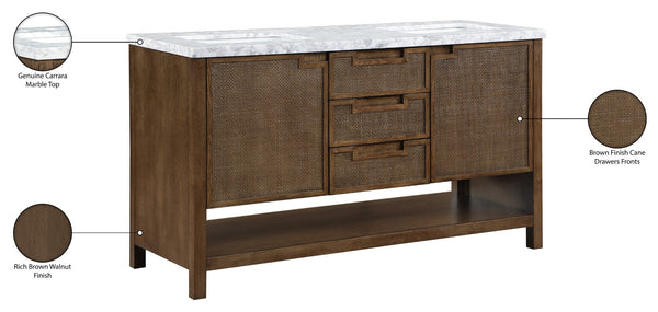 Meridian Furniture Soren Solid Wood Bathroom Vanity with Cane Drawer Fronts and Stone Top for Modern Bathrooms Brown 60 inches 690Brown-60