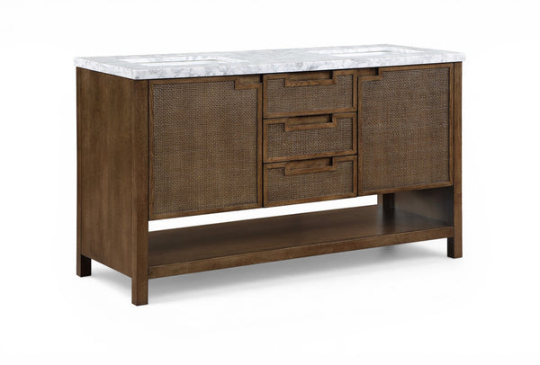 Meridian Furniture Soren Solid Wood Bathroom Vanity with Cane Drawer Fronts and Stone Top for Modern Bathrooms Brown 60 inches 690Brown-60