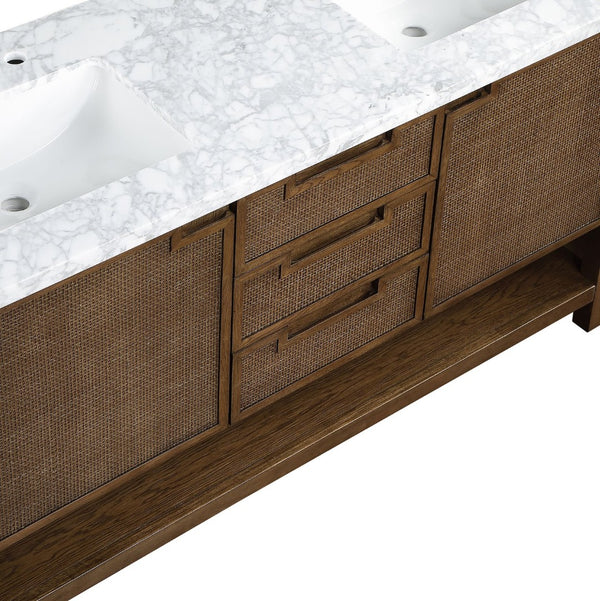 Meridian Furniture Soren Solid Wood Bathroom Vanity with Cane Drawer Fronts and Stone Top for Modern Bathrooms Brown 60 inches 690Brown-60