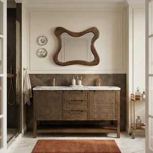 Meridian Furniture Soren Solid Wood Bathroom Vanity with Cane Drawer Fronts and Stone Top for Modern Bathrooms Brown 60 inches 690Brown-60