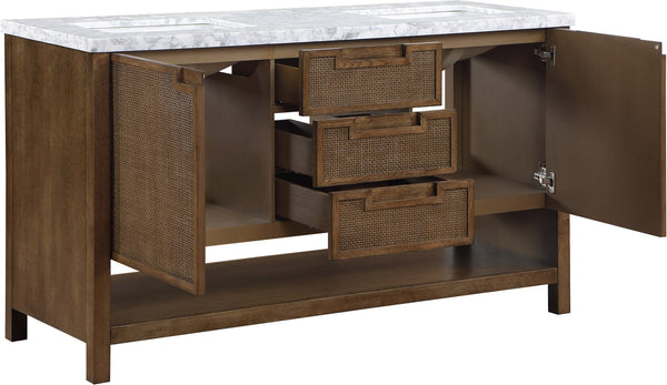 Meridian Furniture Soren Solid Wood Bathroom Vanity with Cane Drawer Fronts and Stone Top for Modern Bathrooms Brown 60 inches 690Brown-60