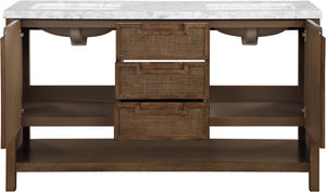 Meridian Furniture Soren Solid Wood Bathroom Vanity with Cane Drawer Fronts and Stone Top for Modern Bathrooms Brown 60 inches 690Brown-60