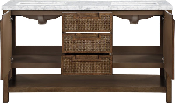 Meridian Furniture Soren Solid Wood Bathroom Vanity with Cane Drawer Fronts and Stone Top for Modern Bathrooms Brown 60 inches 690Brown-60