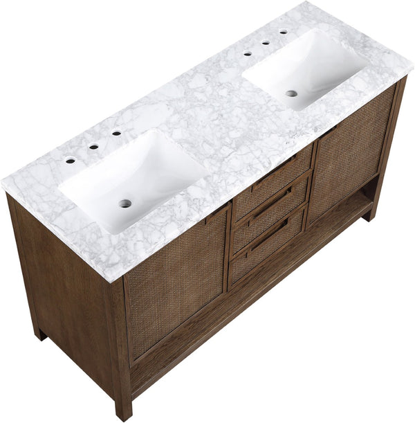 Meridian Furniture Soren Solid Wood Bathroom Vanity with Cane Drawer Fronts and Stone Top for Modern Bathrooms Brown 60 inches 690Brown-60