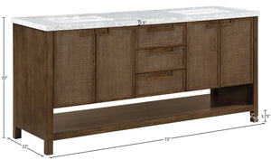 Meridian Furniture Soren Solid Wood Bathroom Vanity with Cane Drawer Fronts and Stone Top for Modern Bathrooms Brown 72 inches 690Brown-72