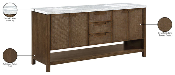 Meridian Furniture Soren Solid Wood Bathroom Vanity with Cane Drawer Fronts and Stone Top for Modern Bathrooms Brown 72 inches 690Brown-72