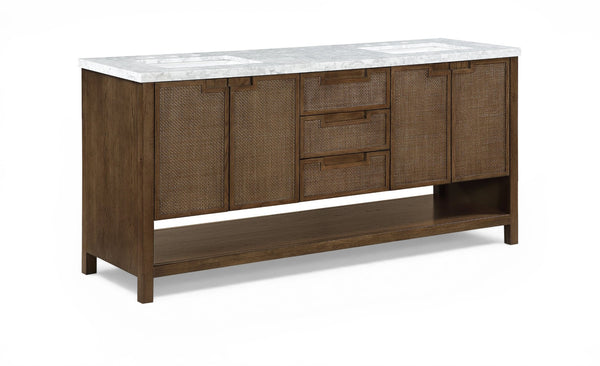 Meridian Furniture Soren Solid Wood Bathroom Vanity with Cane Drawer Fronts and Stone Top for Modern Bathrooms Brown 72 inches 690Brown-72