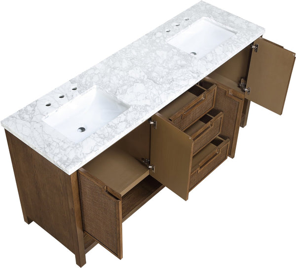 Meridian Furniture Soren Solid Wood Bathroom Vanity with Cane Drawer Fronts and Stone Top for Modern Bathrooms Brown 72 inches 690Brown-72
