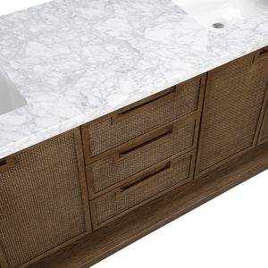 Meridian Furniture Soren Solid Wood Bathroom Vanity with Cane Drawer Fronts and Stone Top for Modern Bathrooms Brown 72 inches 690Brown-72