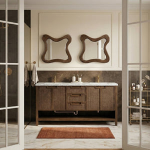Meridian Furniture Soren Solid Wood Bathroom Vanity with Cane Drawer Fronts and Stone Top for Modern Bathrooms Brown 72 inches 690Brown-72