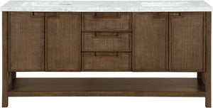 Meridian Furniture Soren Solid Wood Bathroom Vanity with Cane Drawer Fronts and Stone Top for Modern Bathrooms Brown 72 inches 690Brown-72