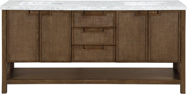 Meridian Furniture Soren Solid Wood Bathroom Vanity with Cane Drawer Fronts and Stone Top for Modern Bathrooms Brown 72 inches 690Brown-72