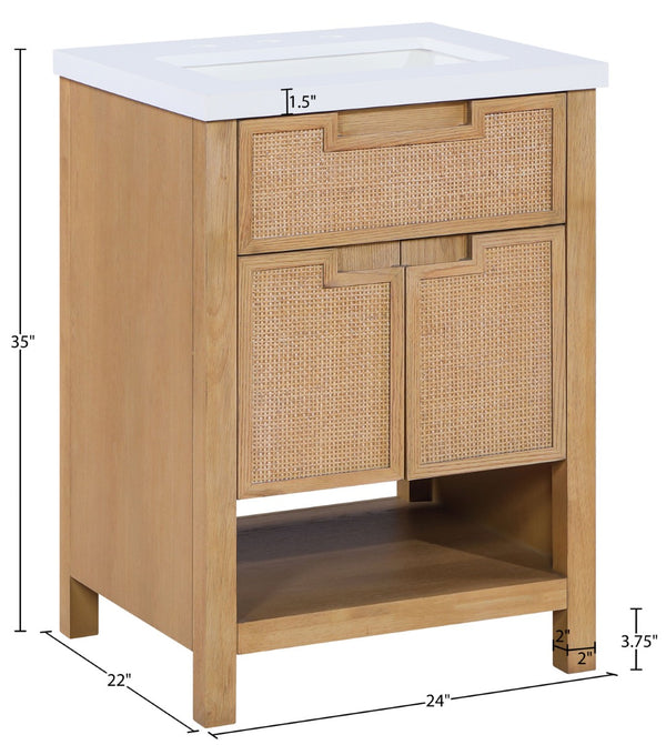 Meridian Furniture Soren Solid Wood Bathroom Vanity with Cane Drawer Fronts and Stone Top for Modern Bathrooms Natural 24 inches 690Natural-24