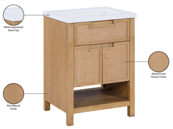 Meridian Furniture Soren Solid Wood Bathroom Vanity with Cane Drawer Fronts and Stone Top for Modern Bathrooms Natural 24 inches 690Natural-24