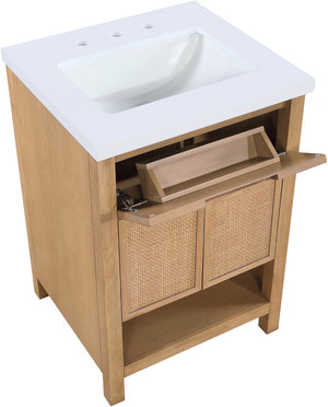 Meridian Furniture Soren Solid Wood Bathroom Vanity with Cane Drawer Fronts and Stone Top for Modern Bathrooms Natural 24 inches 690Natural-24