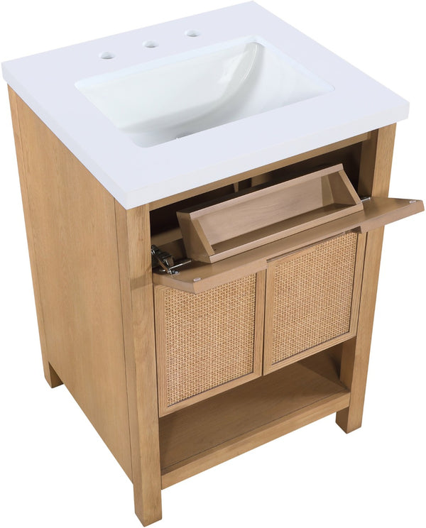 Meridian Furniture Soren Solid Wood Bathroom Vanity with Cane Drawer Fronts and Stone Top for Modern Bathrooms Natural 24 inches 690Natural-24