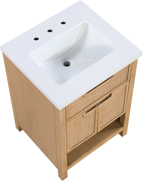 Meridian Furniture Soren Solid Wood Bathroom Vanity with Cane Drawer Fronts and Stone Top for Modern Bathrooms Natural 24 inches 690Natural-24