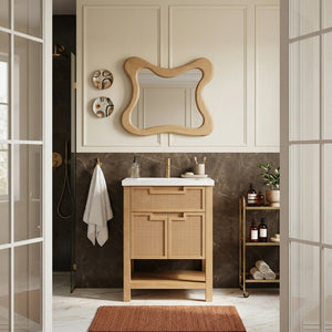 Meridian Furniture Soren Solid Wood Bathroom Vanity with Cane Drawer Fronts and Stone Top for Modern Bathrooms Natural 24 inches 690Natural-24