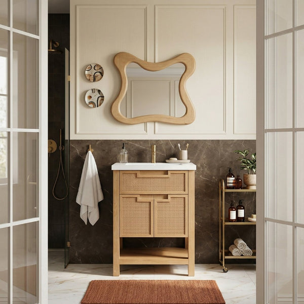 Meridian Furniture Soren Solid Wood Bathroom Vanity with Cane Drawer Fronts and Stone Top for Modern Bathrooms Natural 24 inches 690Natural-24