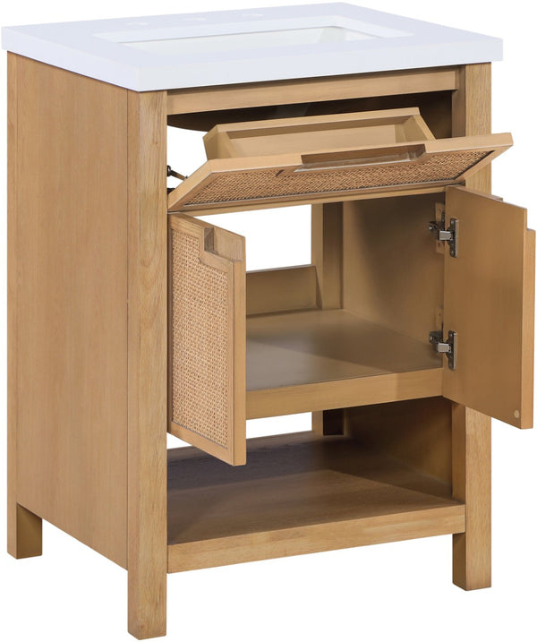 Meridian Furniture Soren Solid Wood Bathroom Vanity with Cane Drawer Fronts and Stone Top for Modern Bathrooms Natural 24 inches 690Natural-24