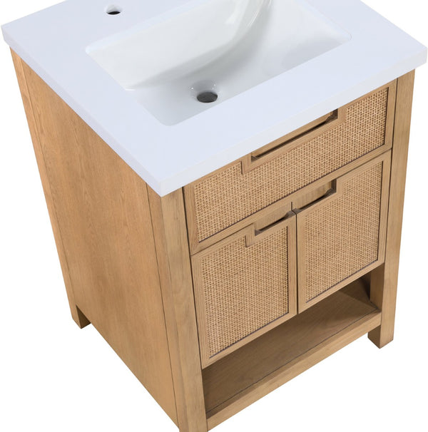 Meridian Furniture Soren Solid Wood Bathroom Vanity with Cane Drawer Fronts and Stone Top for Modern Bathrooms Natural 24 inches 690Natural-24