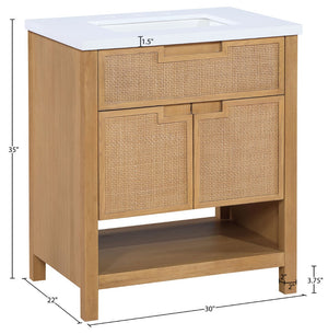 Meridian Furniture Soren Solid Wood Bathroom Vanity with Cane Drawer Fronts and Stone Top for Modern Bathrooms Natural 30 inches 690Natural-30