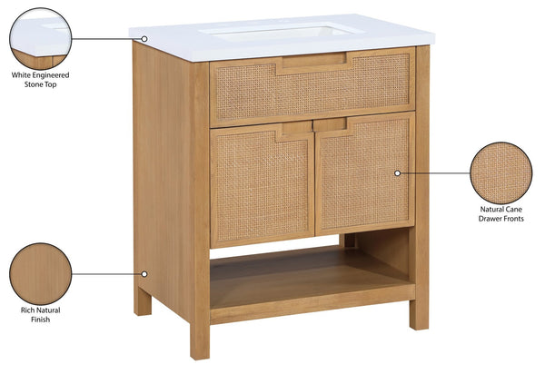 Meridian Furniture Soren Solid Wood Bathroom Vanity with Cane Drawer Fronts and Stone Top for Modern Bathrooms Natural 30 inches 690Natural-30