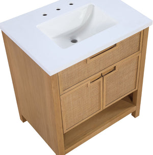 Meridian Furniture Soren Solid Wood Bathroom Vanity with Cane Drawer Fronts and Stone Top for Modern Bathrooms Natural 30 inches 690Natural-30