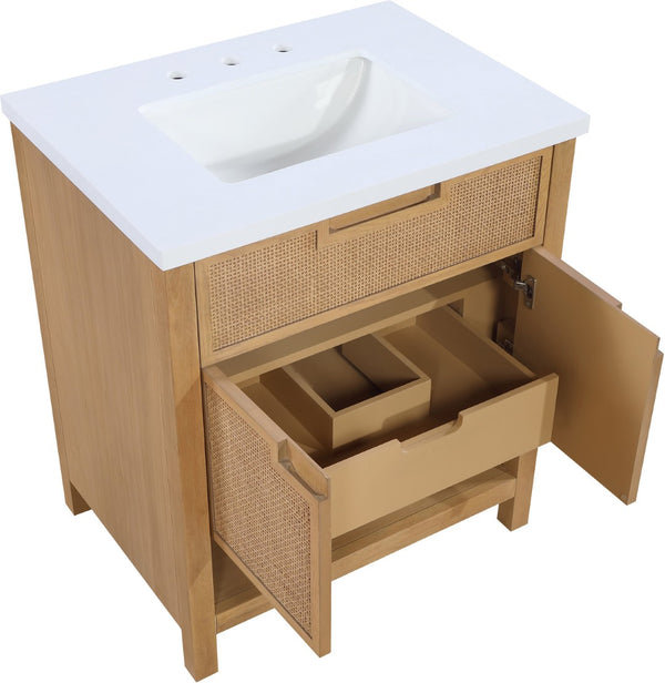 Meridian Furniture Soren Solid Wood Bathroom Vanity with Cane Drawer Fronts and Stone Top for Modern Bathrooms Natural 30 inches 690Natural-30