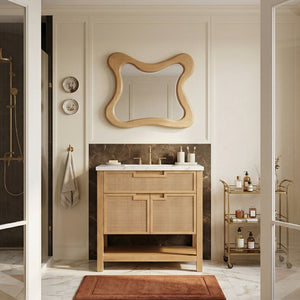 Meridian Furniture Soren Solid Wood Bathroom Vanity with Cane Drawer Fronts and Stone Top for Modern Bathrooms Natural 30 inches 690Natural-30