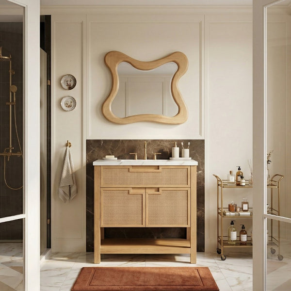 Meridian Furniture Soren Solid Wood Bathroom Vanity with Cane Drawer Fronts and Stone Top for Modern Bathrooms Natural 30 inches 690Natural-30