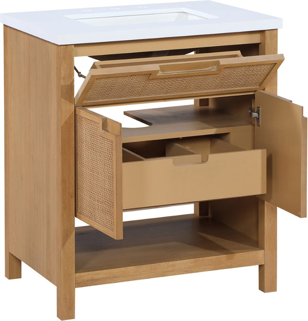 Meridian Furniture Soren Solid Wood Bathroom Vanity with Cane Drawer Fronts and Stone Top for Modern Bathrooms Natural 30 inches 690Natural-30