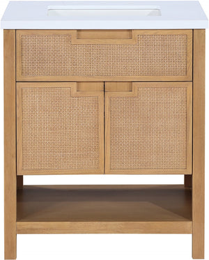 Meridian Furniture Soren Solid Wood Bathroom Vanity with Cane Drawer Fronts and Stone Top for Modern Bathrooms Natural 30 inches 690Natural-30