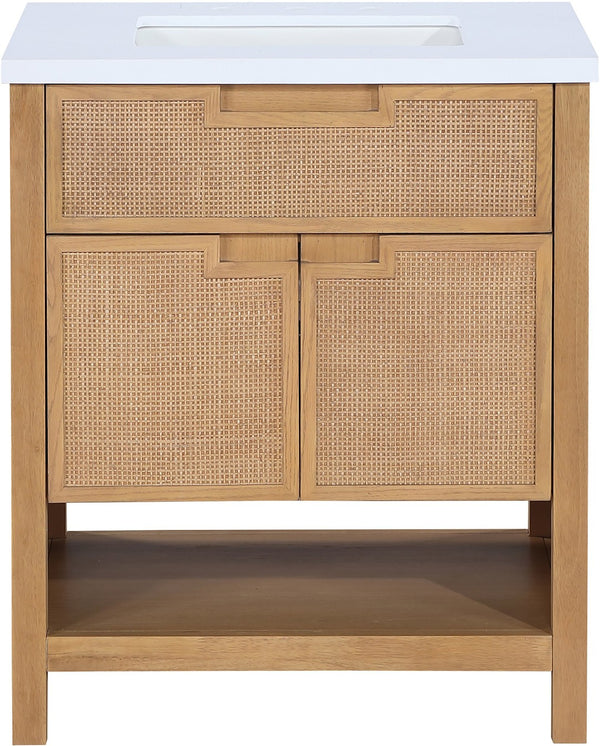 Meridian Furniture Soren Solid Wood Bathroom Vanity with Cane Drawer Fronts and Stone Top for Modern Bathrooms Natural 30 inches 690Natural-30
