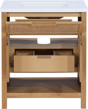 Meridian Furniture Soren Solid Wood Bathroom Vanity with Cane Drawer Fronts and Stone Top for Modern Bathrooms Natural 30 inches 690Natural-30