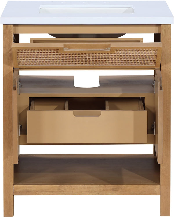 Meridian Furniture Soren Solid Wood Bathroom Vanity with Cane Drawer Fronts and Stone Top for Modern Bathrooms Natural 30 inches 690Natural-30