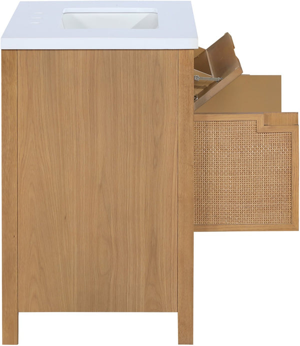 Meridian Furniture Soren Solid Wood Bathroom Vanity with Cane Drawer Fronts and Stone Top for Modern Bathrooms Natural 30 inches 690Natural-30