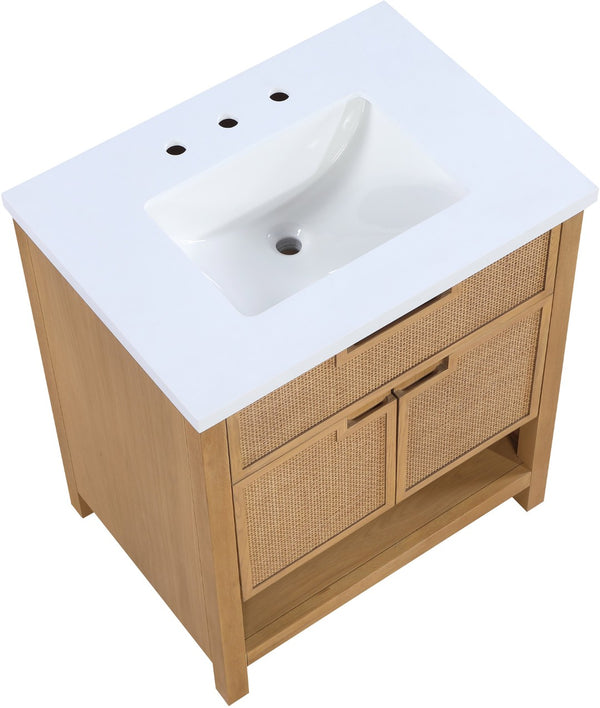 Meridian Furniture Soren Solid Wood Bathroom Vanity with Cane Drawer Fronts and Stone Top for Modern Bathrooms Natural 30 inches 690Natural-30