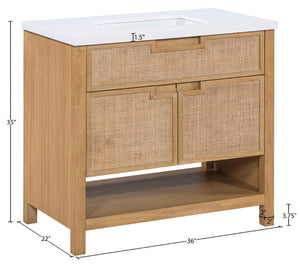 Meridian Furniture Soren Solid Wood Bathroom Vanity with Cane Drawer Fronts and Stone Top for Modern Bathrooms Natural 36 inches 690Natural-36