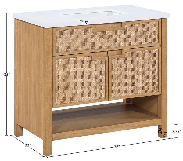 Meridian Furniture Soren Solid Wood Bathroom Vanity with Cane Drawer Fronts and Stone Top for Modern Bathrooms Natural 36 inches 690Natural-36